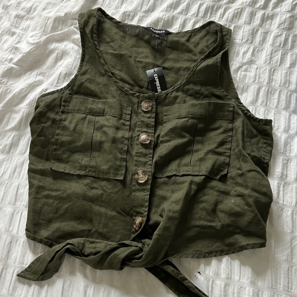 Express Olive Green Button-Front Tank Bodysuit - Picture 3 of 3